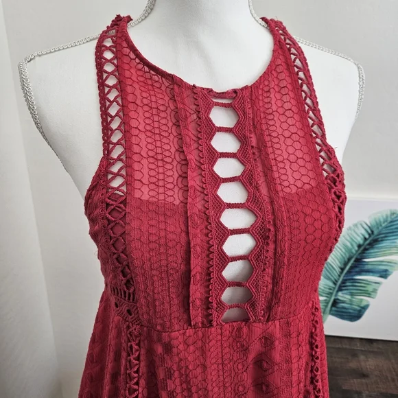 🆕️Free People Wherever You Go Crocheted Mini Dress Rose Red SZ Small - Picture 4 of 14